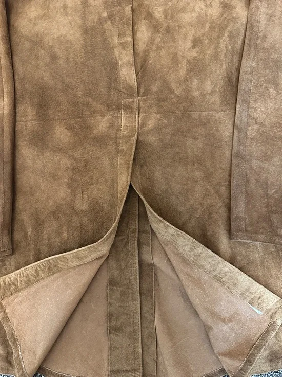 Brown Suede Coat Jacket M Button Down Collar Vtg La Vogue Leather Extra Long Tan - Picture 5 of 7
